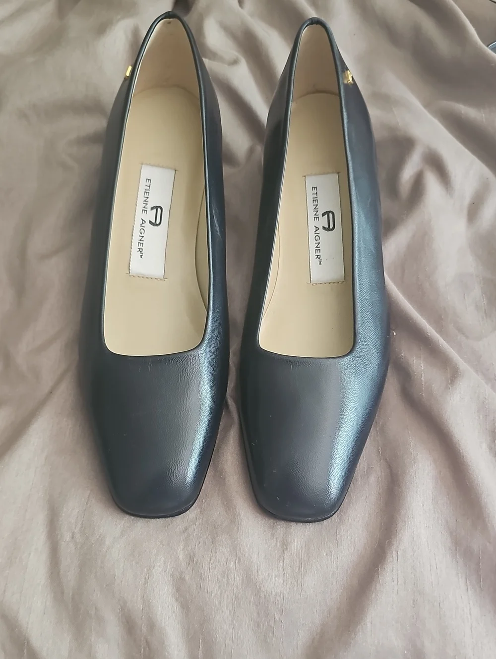 Etienne Aigner Black Leather Square-Toe Ballet Flats